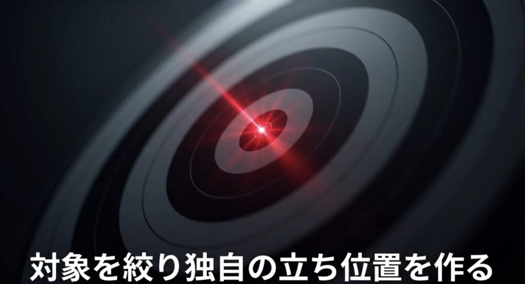 売れるコンセプト設計のコツとして、対象を絞り独自の立ち位置を作ることの重要性を示すスライド