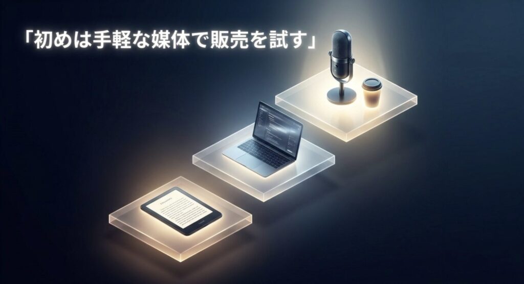 初めはnoteなどの手軽な媒体でテスト販売を試すことを推奨するスライド