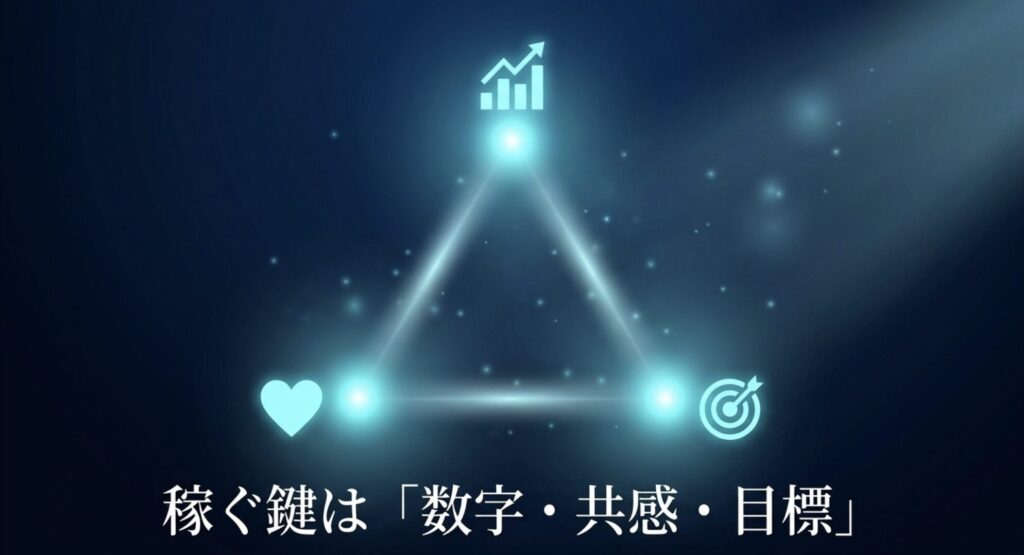 SNS運用で稼ぐための鍵として「数字・共感・目標」の3つのスキルを挙げているスライド画像