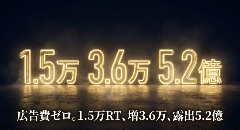 広告費ゼロ。1.5万RT、フォロワー増3.6万、露出5.2億の成果が書かれたスライド   