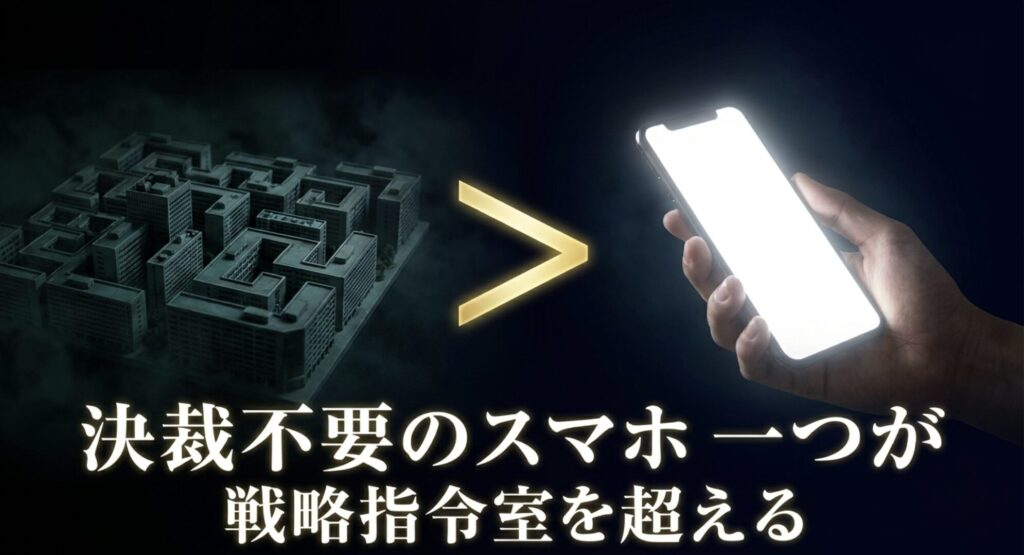 個人SNSでは決裁不要のスマホ一つが大企業の戦略指令室を超えるという解説スライド   