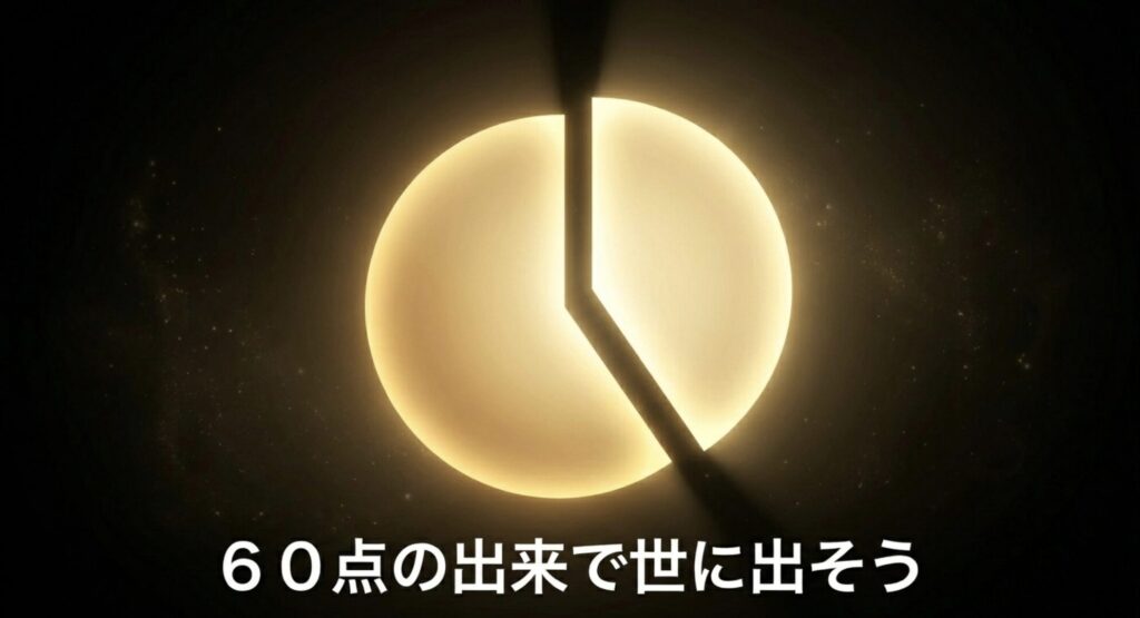 完璧主義を捨ててまずは60点の出来で世に出そうと促すメッセージのスライド画像