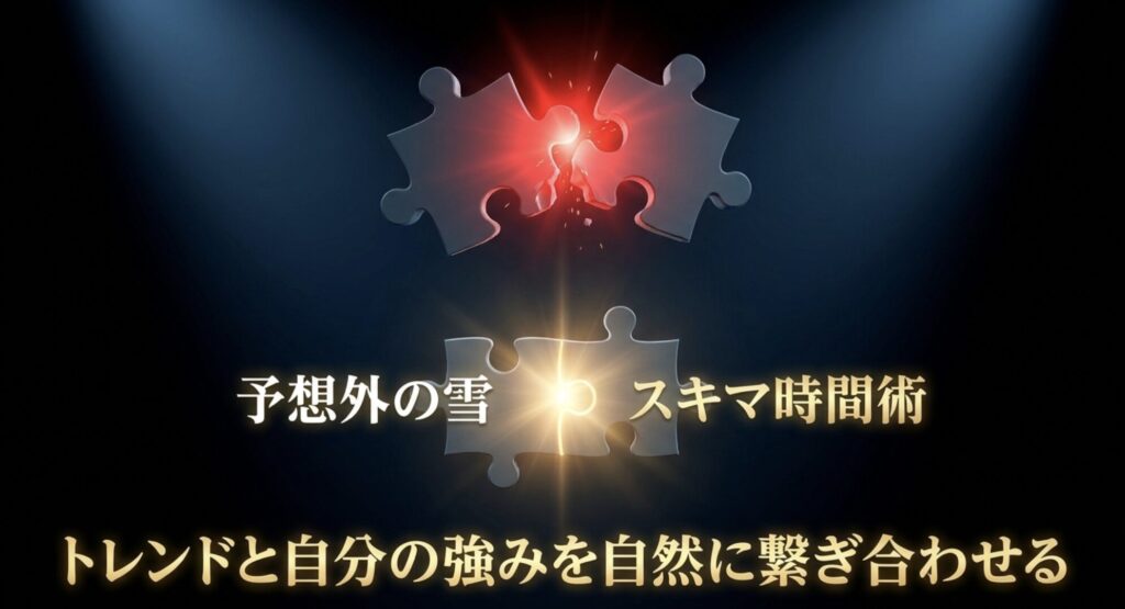 予想外の雪とスキマ時間術を例に、トレンドと自分の強みを自然に繋ぎ合わせる方法を解説したスライド   