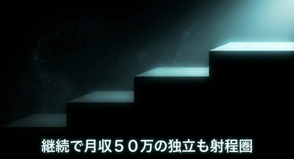 SNS運用を継続することで月収50万円を稼ぎ独立することも射程圏内に入ることを示すスライド画像