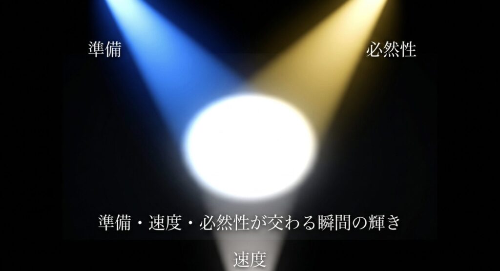 準備、速度、必然性の3つが交わる瞬間がSNS集客の成功法則であるとまとめたスライド   