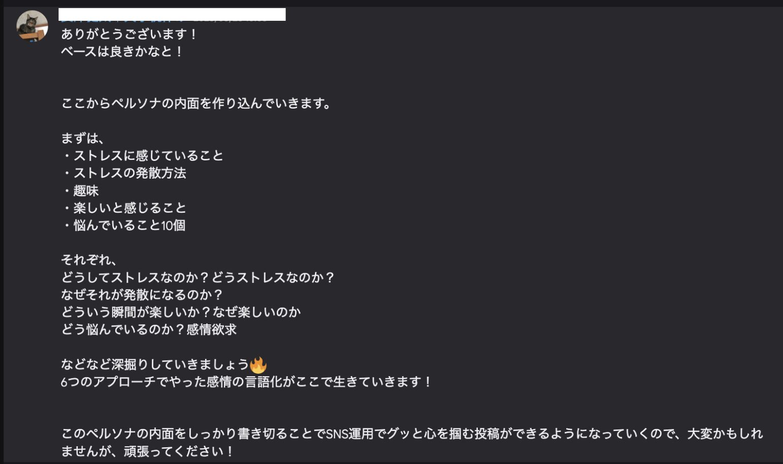 ペルソナの内面をストレス・趣味・悩み10個まで深掘りさせるSNSマーケティング指導のDiscordメッセージ
