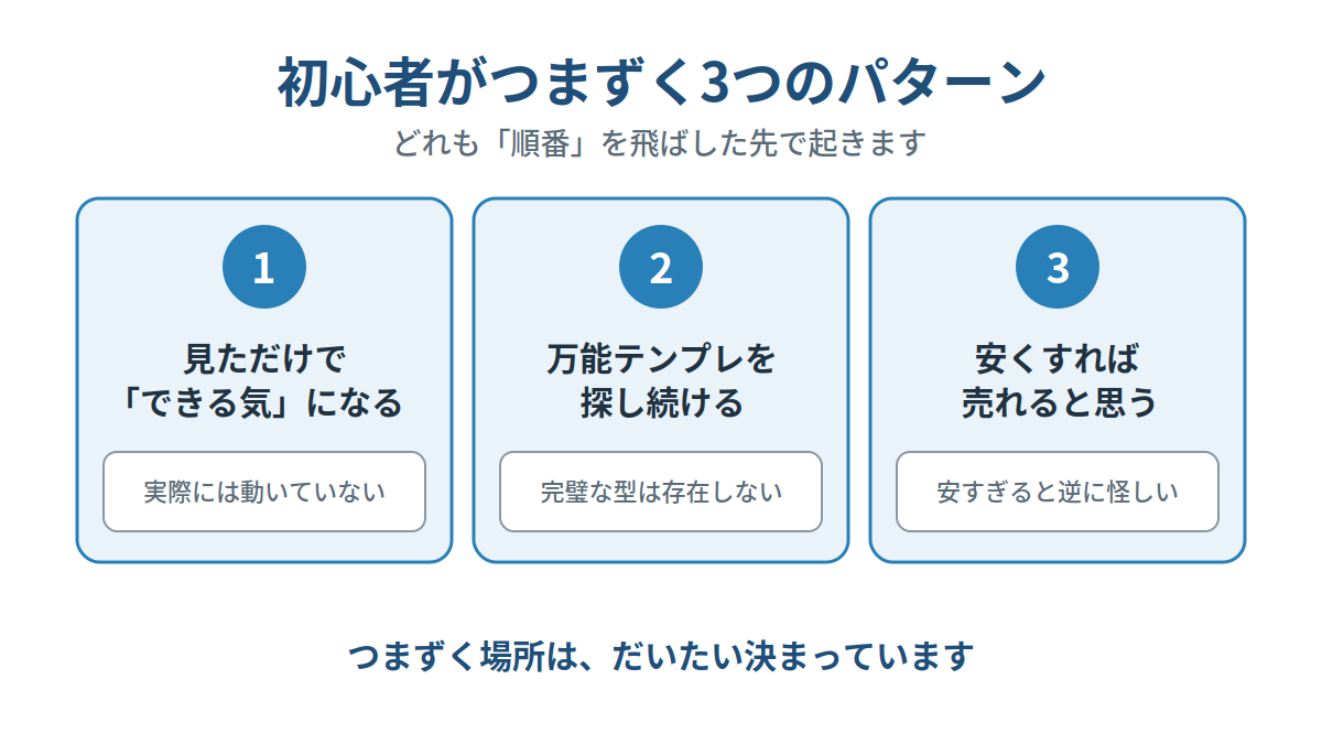 初心者がつまずく3つのパターンを、見ただけでできる気になる・万能テンプレを探し続ける・安くすれば売れると思う、の3枚のカードで示した図解